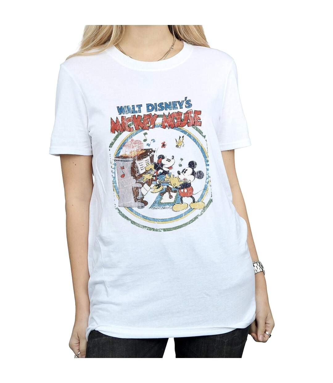 Disney Femme/Ladies - Mickey Mouse Piano Cotton Boyfriend T-Shirt (Blanc) - UTBI35874-3
