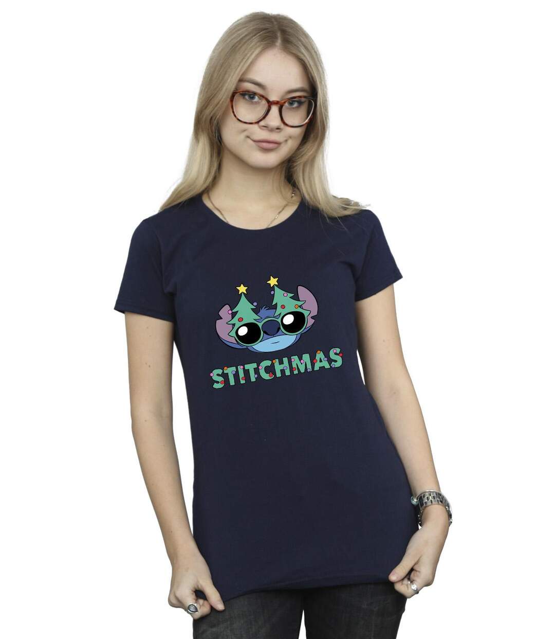 Disney T-shirt en coton Femmes/Ladies Lilo & Stitch Lunettes de Stitchmas (Bleu marine) - UTBI26103-2