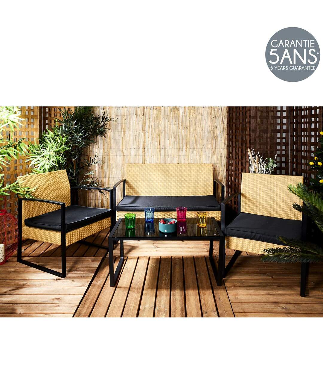 Salon de jardin Alicante 4 places effet cannage - Beige et Noir-2