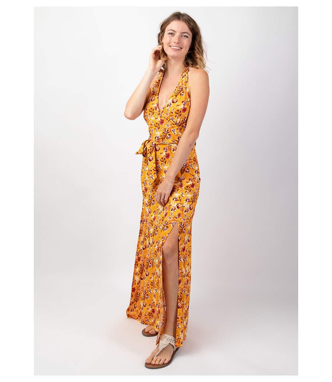 Robe longue femme plage SORAYA dos nu jaune Coton Du Monde-2