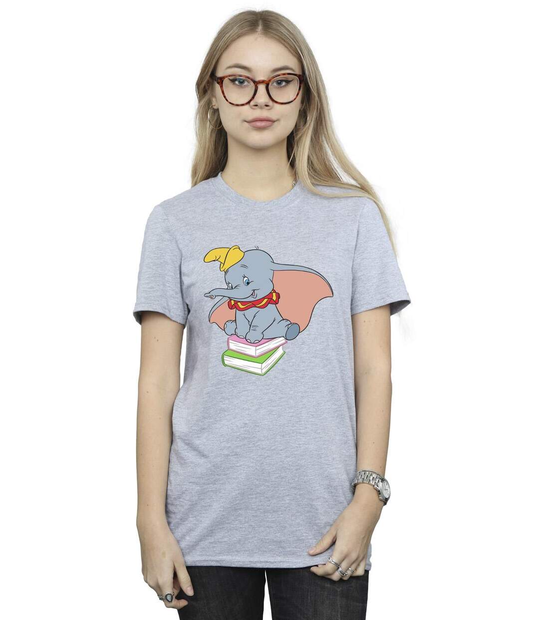 Disney Femme/Ladies Dumbo Sitting On Books Cotton Boyfriend T-Shirt (Gris sportif) - UTBI20409-2