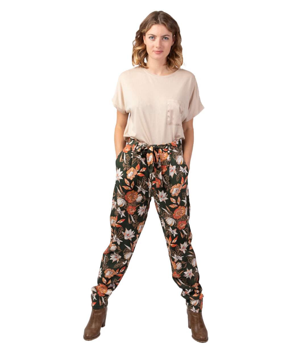 Pantalon jambes droites en viscose épais JOVANY motif fleuri Coton Du Monde