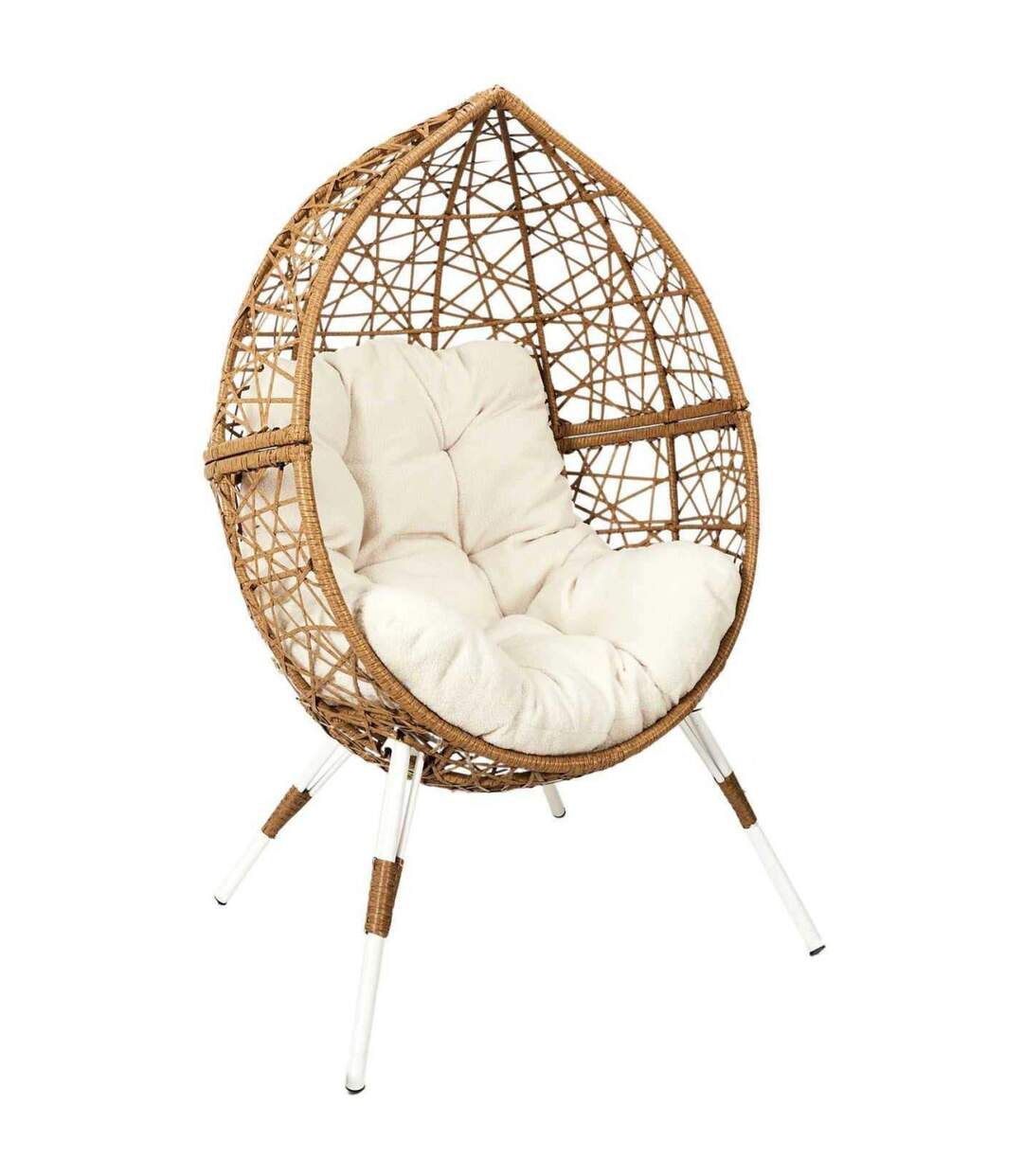 Fauteuil oeuf en résine tressée coussin en tissu beige Longueur 100 cm-1