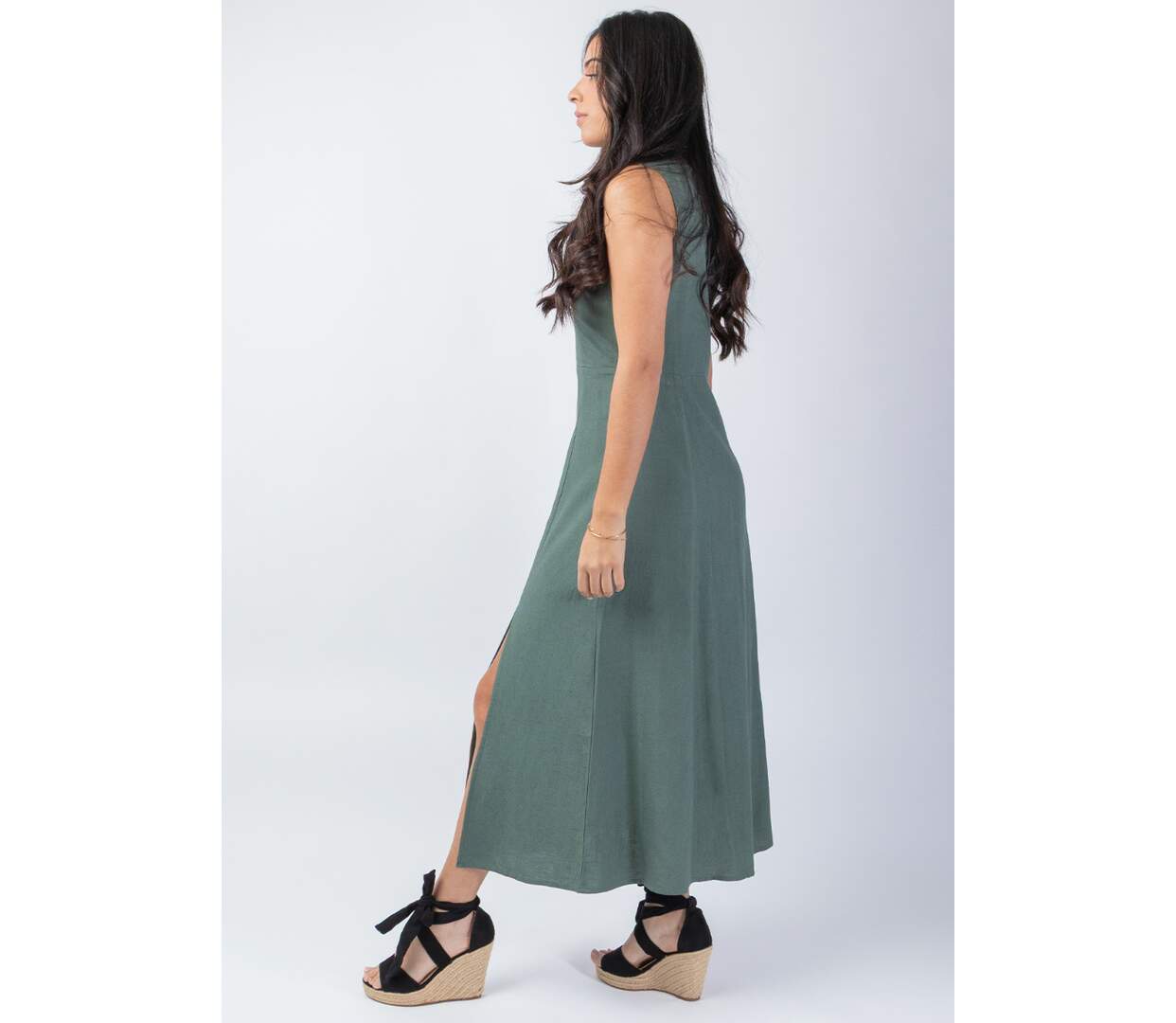 Robe longue coupe droite JULINE unie kaki Coton Du Monde-3