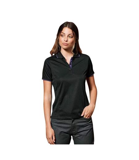 Womens/ladies Coolchecker Contrast Pique Polo Shirt Black Purple Premier