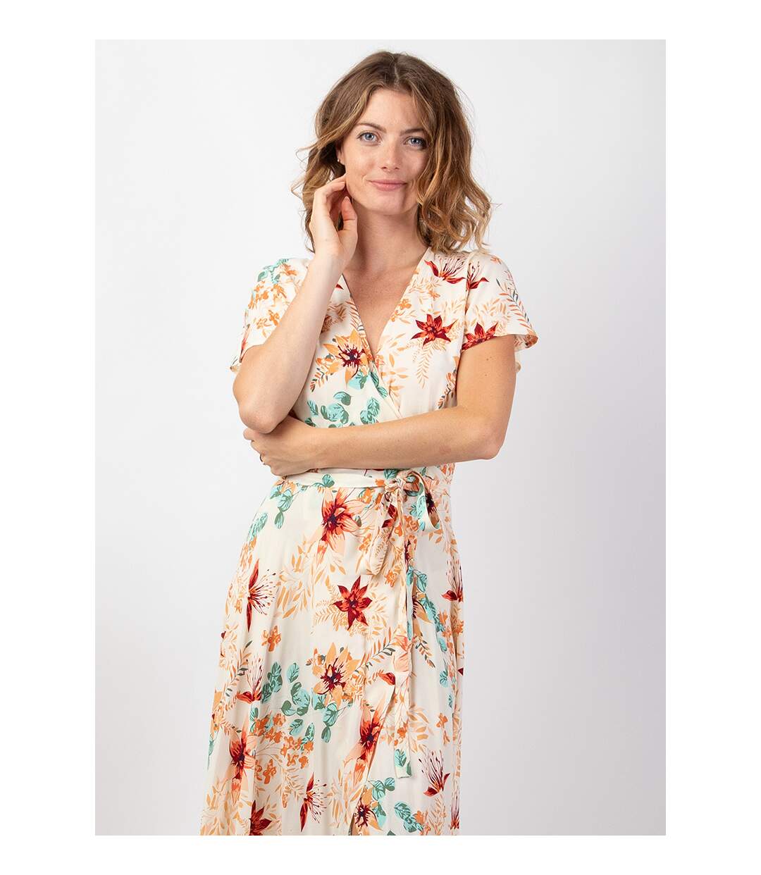 Robe longue fluide cache-coeur SAKURA imprimé fleurs romantique Coton Du Monde