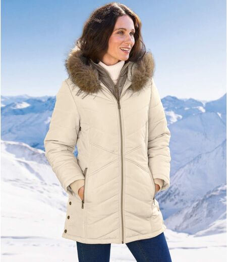 Women's Beige Padded Parka With Faux-Fur Hood