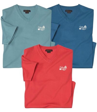 Pack of 3 Men's V-Neck T-Shirts - Red Blue 