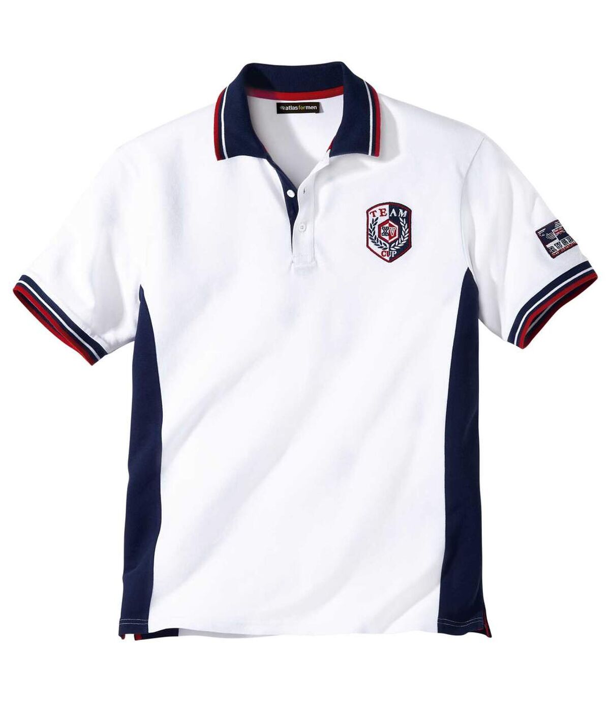 Men's Rugby-Style Long Sleeve Polo Shirt - White Navy Red  Atlas For Men