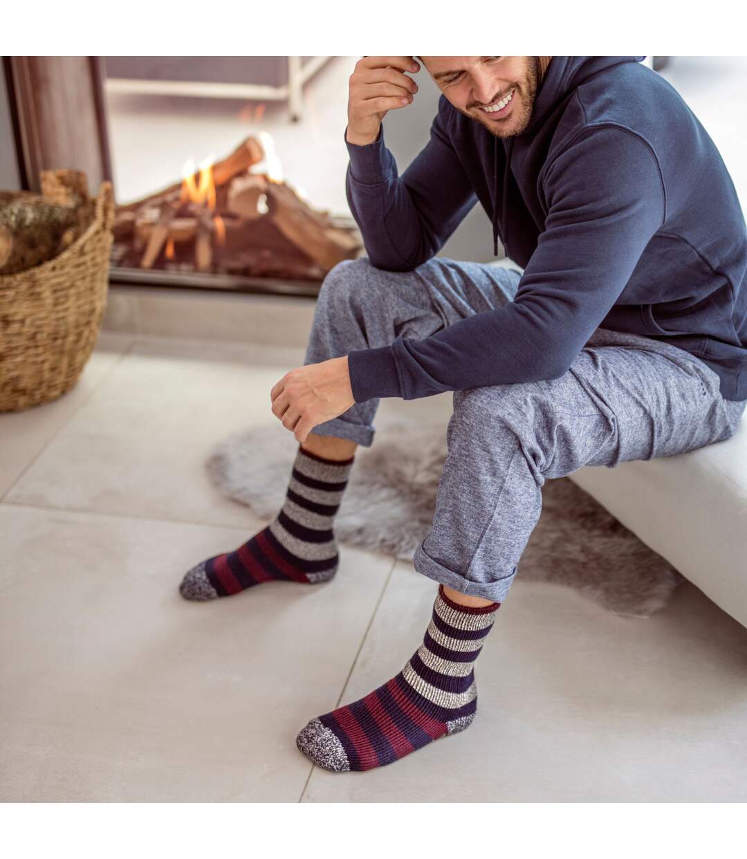 Mens Fleece Lined Non Slip Thick Striped Slipper Socks-3