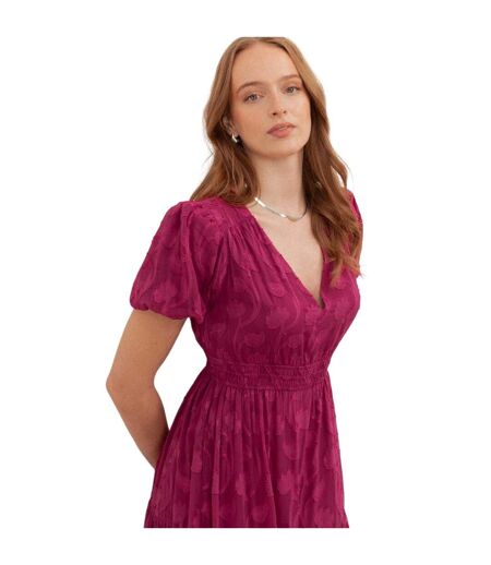 Robe Mi-longue Manches Bouffantes Motif/style Floral En Relief Femme Fuchsia Lovedrobe