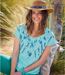 Women's Blue Feather Print T-Shirt