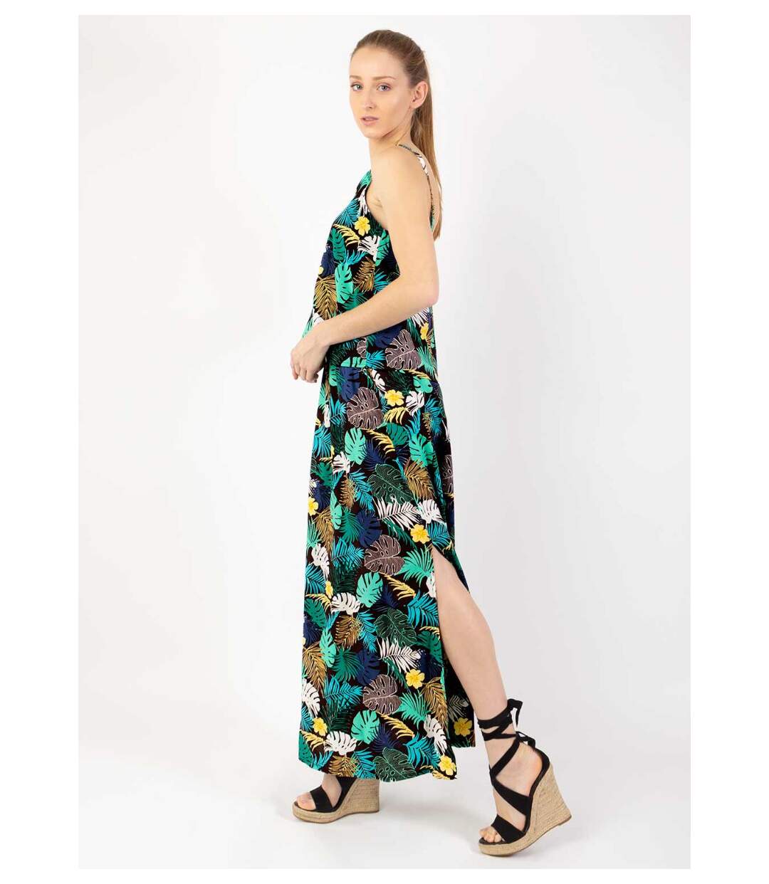 Robe longue fendue ASSILIA imprimé tropical palme vert Coton Du Monde