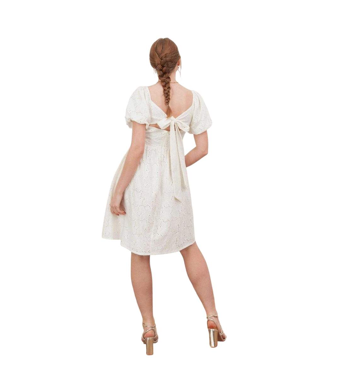 Robe Courte Manches Bouffantes Motif/style Nœud Femme Crème Lovedrobe-3