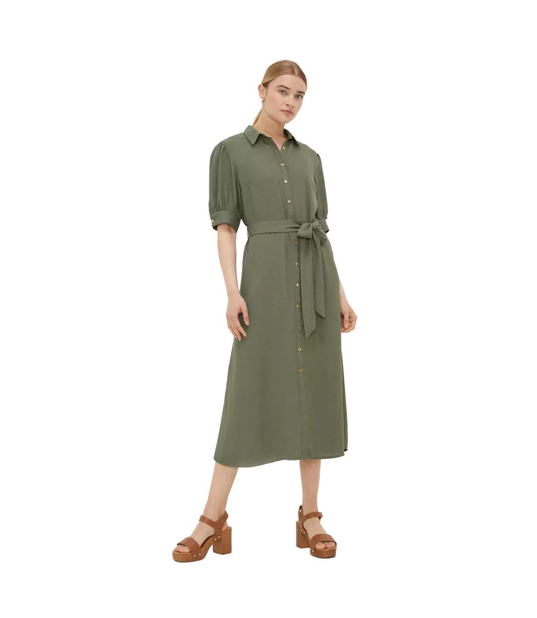 Womens ladies belt midi shirt dress khaki Dorothy Perkins