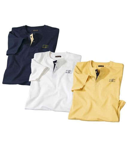 Pack of 3 Men's Button-Neck T-Shirts - Yellow Navy Ecru
