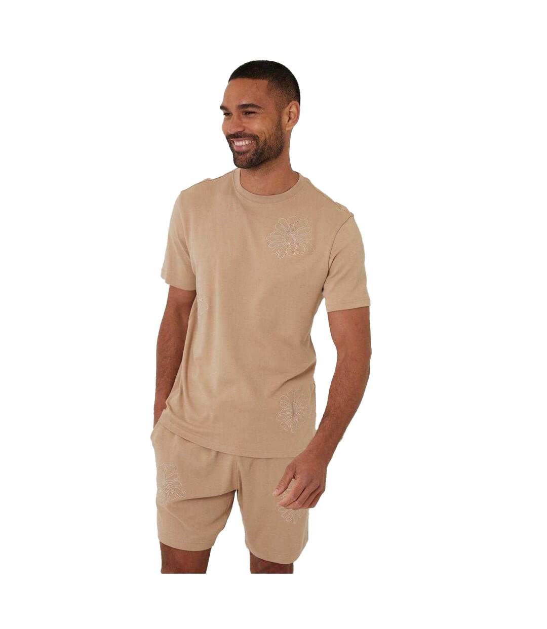 T-shirt Motif/style Fleur Brodée Homme Beige Gris Threadbare-1