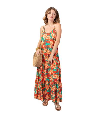 Robe bohème chic longue MONICA motif tropical orangé Coton Du Monde