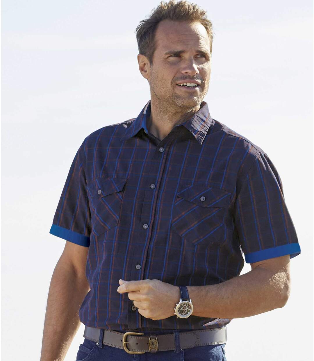 Men's Navy Checked Poplin Shirt - Short Sleeves Atlas For Men
