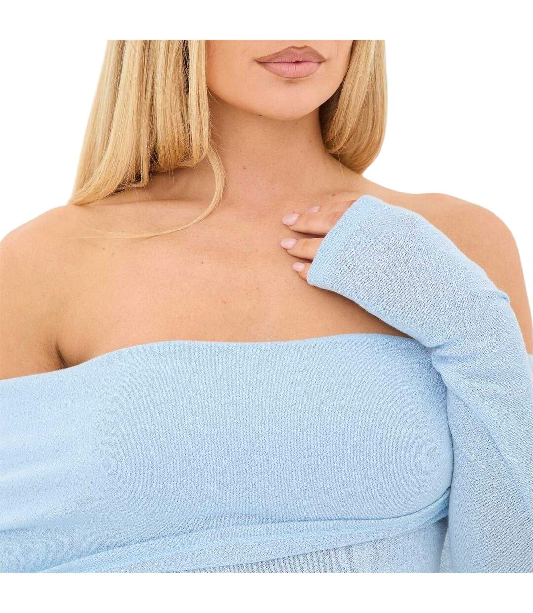 Womens/ladies Jersey Fitted Long-sleeved Bardot Top Blue I Saw It First-4