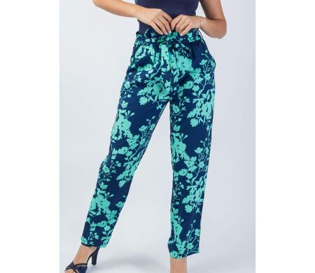 Pantalon fluide femme Maly imprimé fleuri turquoise Coton Du Monde