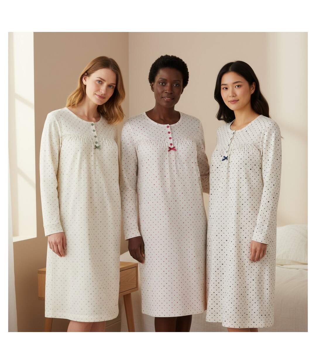 OZABI Chemise de Nuit Femme Pack de 3, Coton Manches Longues, Col Rond 4 Boutons-2