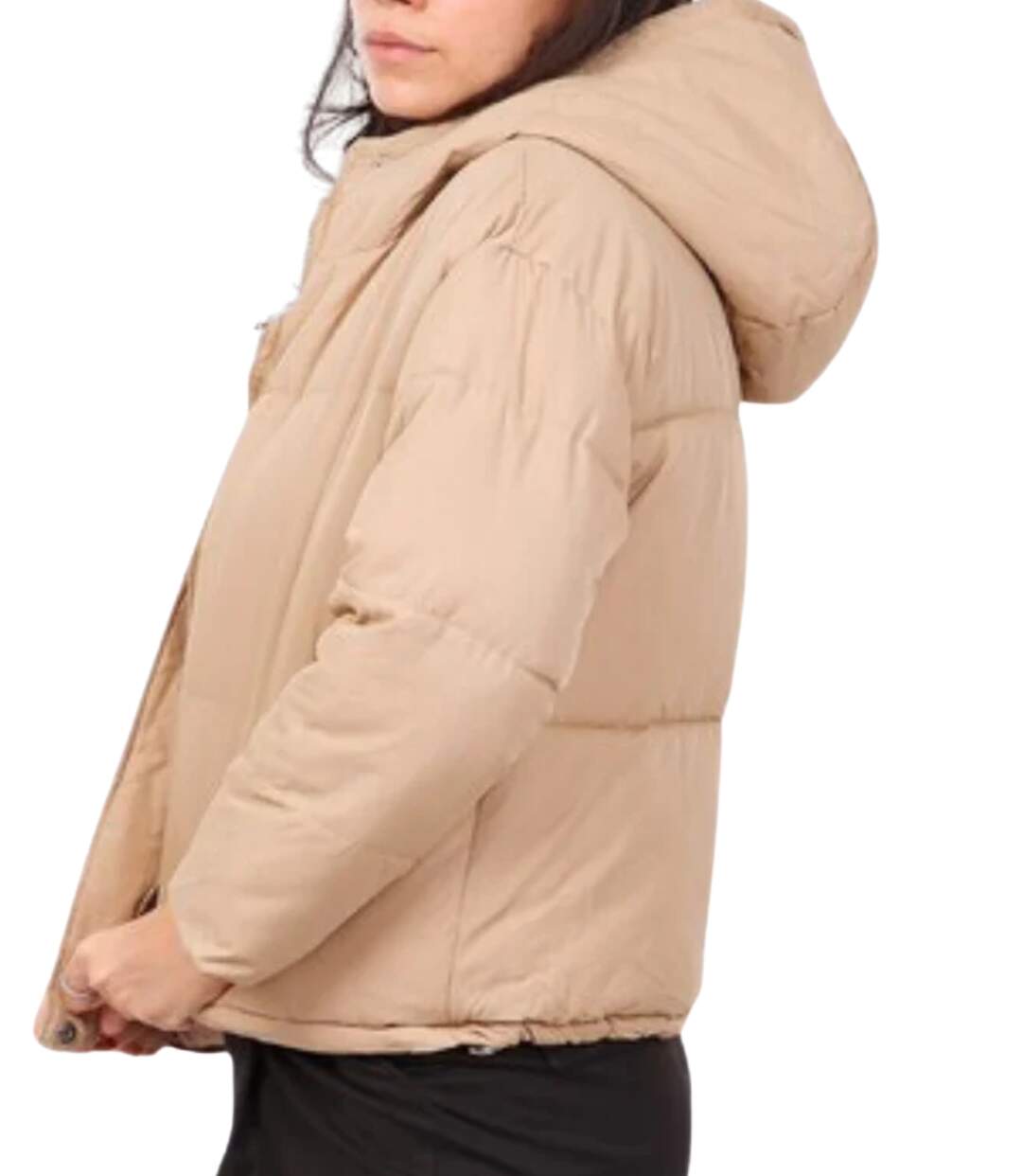 Doudoune courte pour femme en camel avec capuche amovible et poches pratiques-3