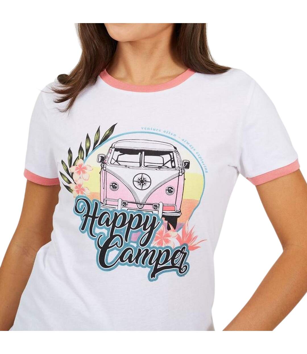 T-shirt Happy Camper Femme Blanc Corail Brave Soul-4