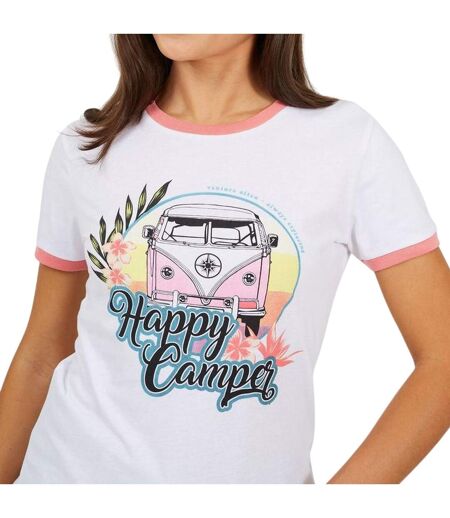 T-shirt Happy Camper Femme Blanc Corail Brave Soul