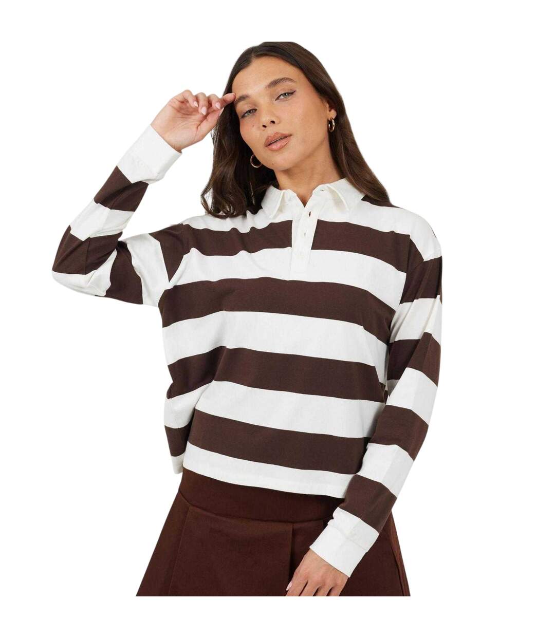 Haut De Rugby Manches Longues Motif/style Rayures Horizontales Femme Marron Crème Brave Soul-2