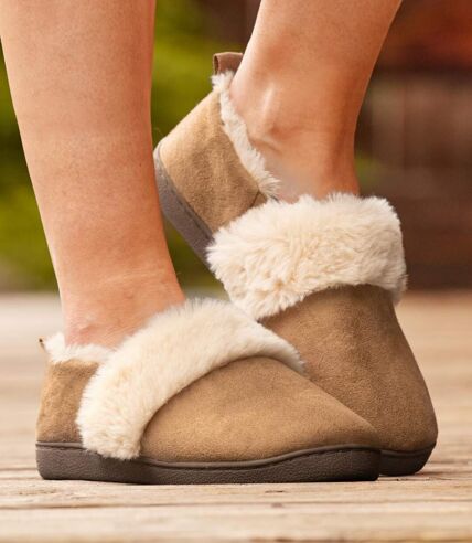 Women's Faux-Suede Slippers with Faux-Fur - Camel 