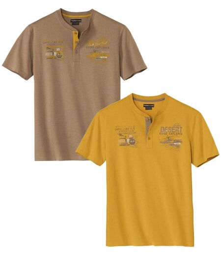 Pack of 2 Men's Henley-Neck T-Shirts - Camel Ocher 
