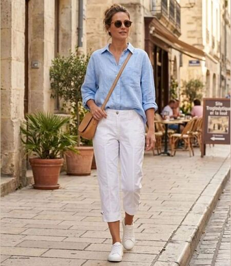 AXONE SE1032 : Pantacourt blanc à surpiqûres pour un look estival frais et élégant