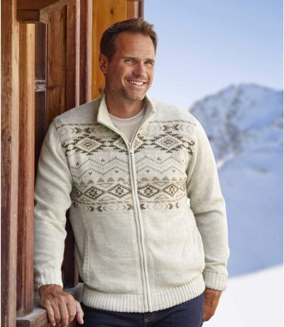 Men's Beige Fleece-Lined Knitted Jacket 