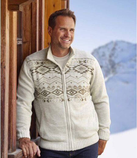 Cardigan en tricot jacquard doublé polaire homme - beige