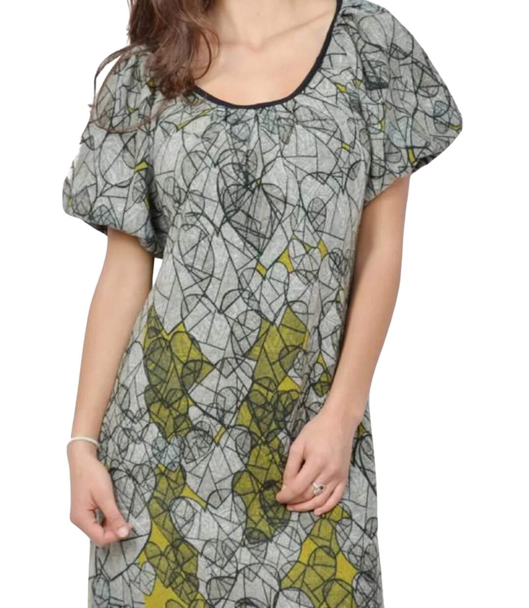 Robe féminine courte à  motifs graphiques, col rond et manches bouffantes - Chic et décontractée-3