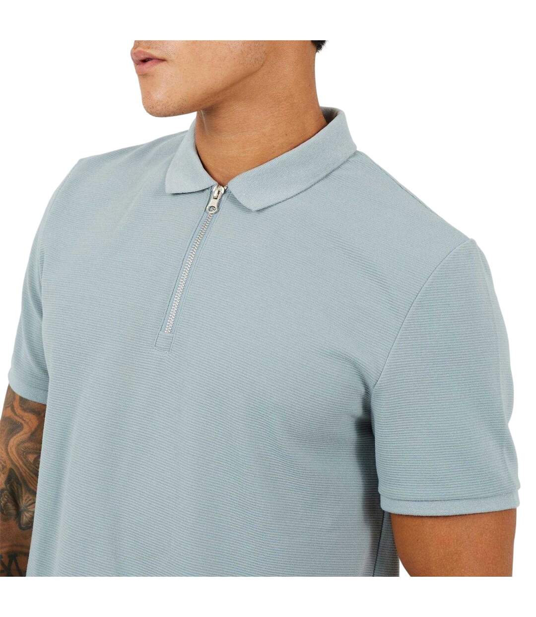Mens Ribbed Quarter Zip Short-sleeved Polo Shirt Duck Egg Blue Brave Soul-4