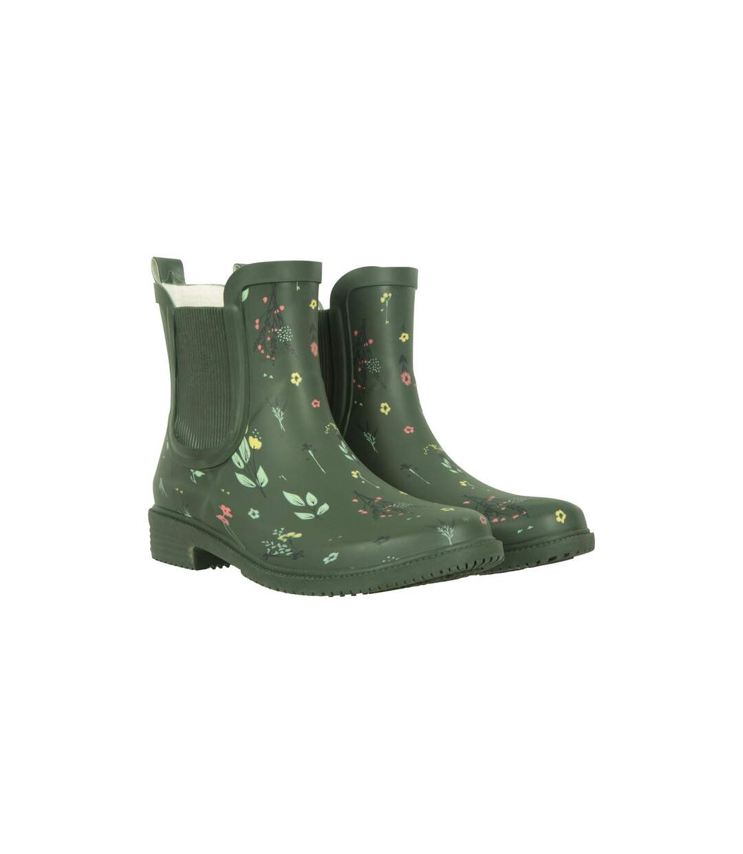 Womens/ladies Flowers Rubber Ankle Wellington Boots Khaki Green Mountain Warehouse-1