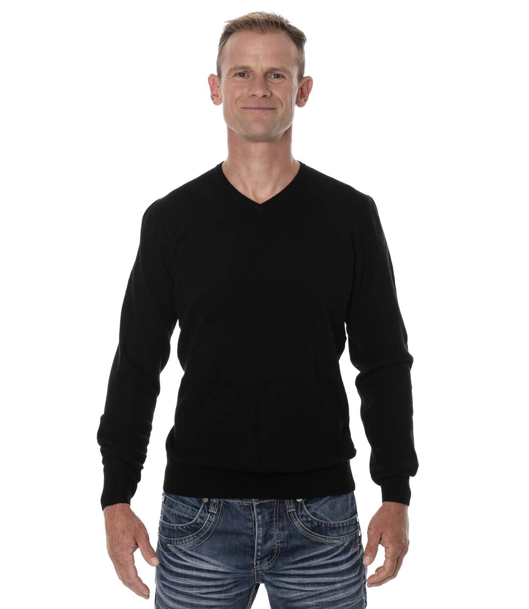 Pull homme laine de yak col V noir-1