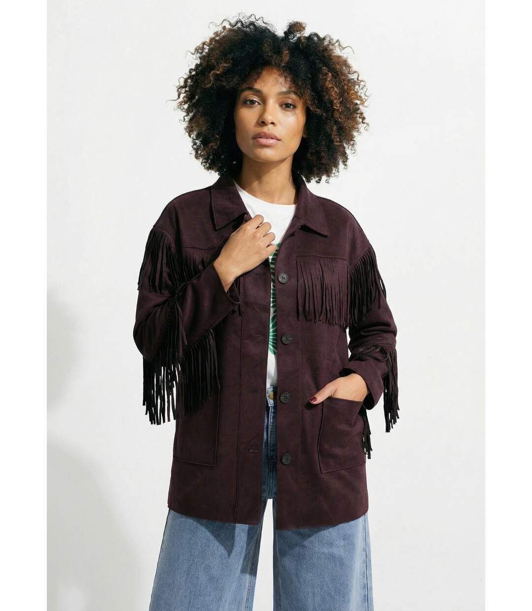 Veste longue en suédine à franges-1