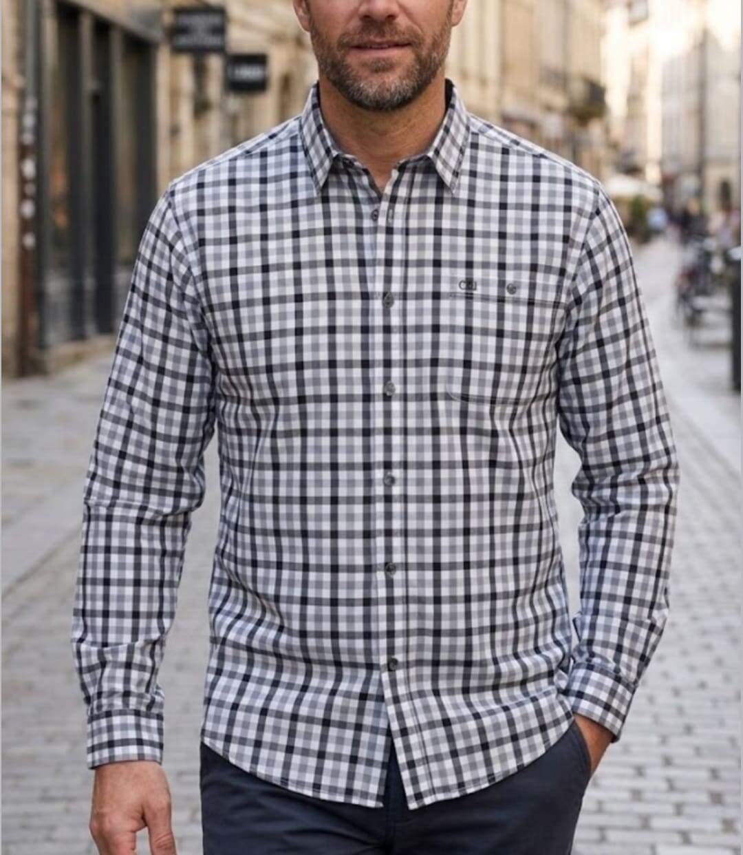 CHALLENGER CH2012 — Chemise à carreaux manches longues gris et noir : légèreté en popeline de coton et coupe confort-1