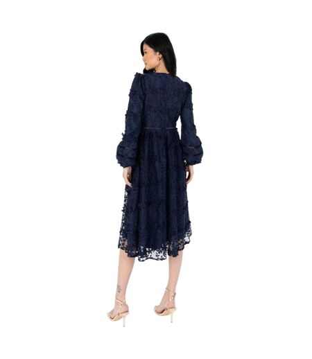 Womens/ladies Floral V Neck Midi Dress Navy Maya Deluxe