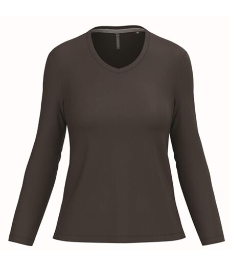 T-shirt manches longues col V - Femme - K382 - marron chocolat