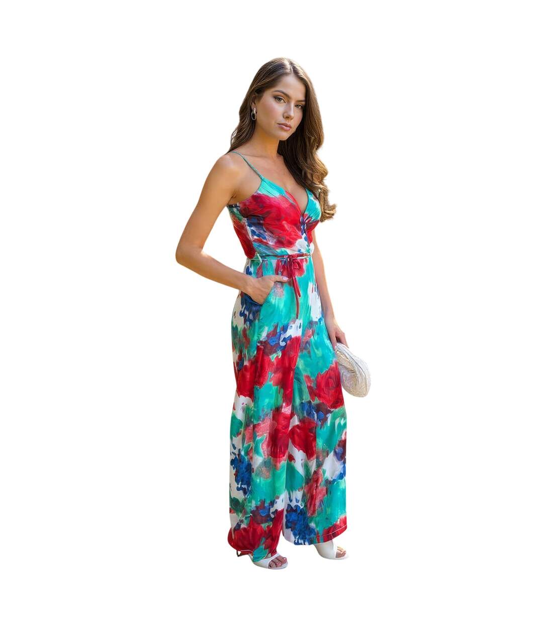 Womens/ladies Printed Waist Tie Spaghetti Strap Jumpsuit Multicoloured AX Paris-4