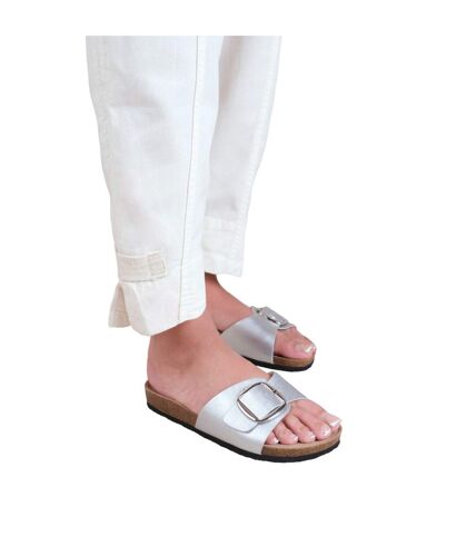 Womens/ladies sequoia buckle pu single strap sandals silver Where´s That From