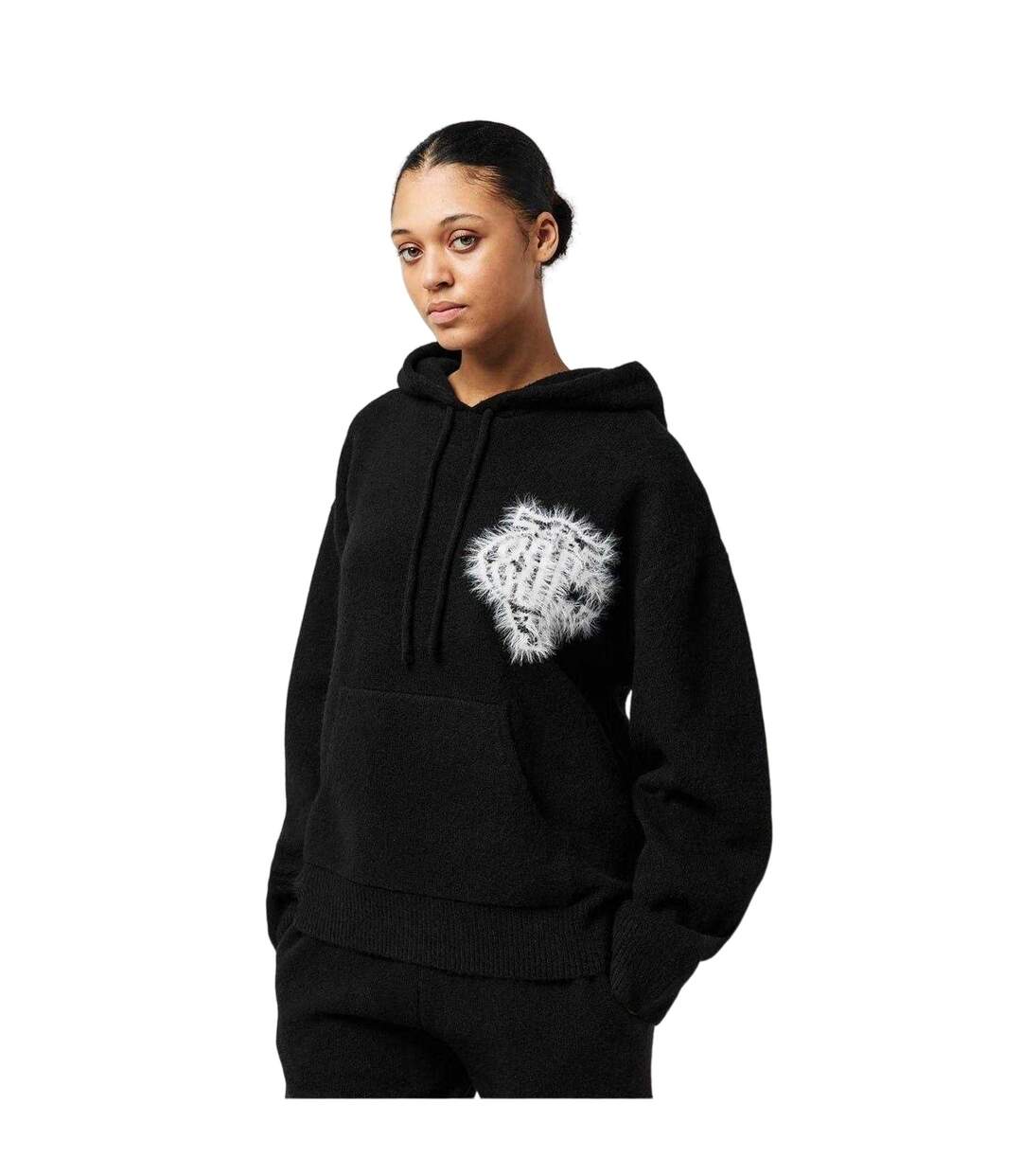 Womens/ladies Fluffy Knitted Hoodie Black The Couture Club-4