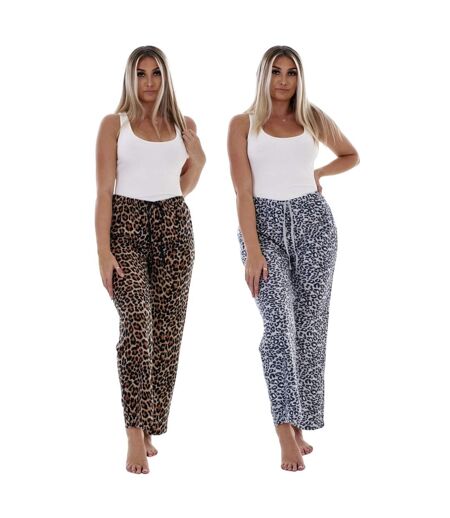 Pack Of 2  Womens/ladies Fleece Leopard Print Lounge Pants  Multicoloured Keanu