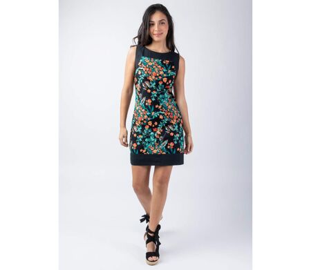 Robe courte cintrée en coton TATIANA imprimé noir et fleuri Coton Du Monde