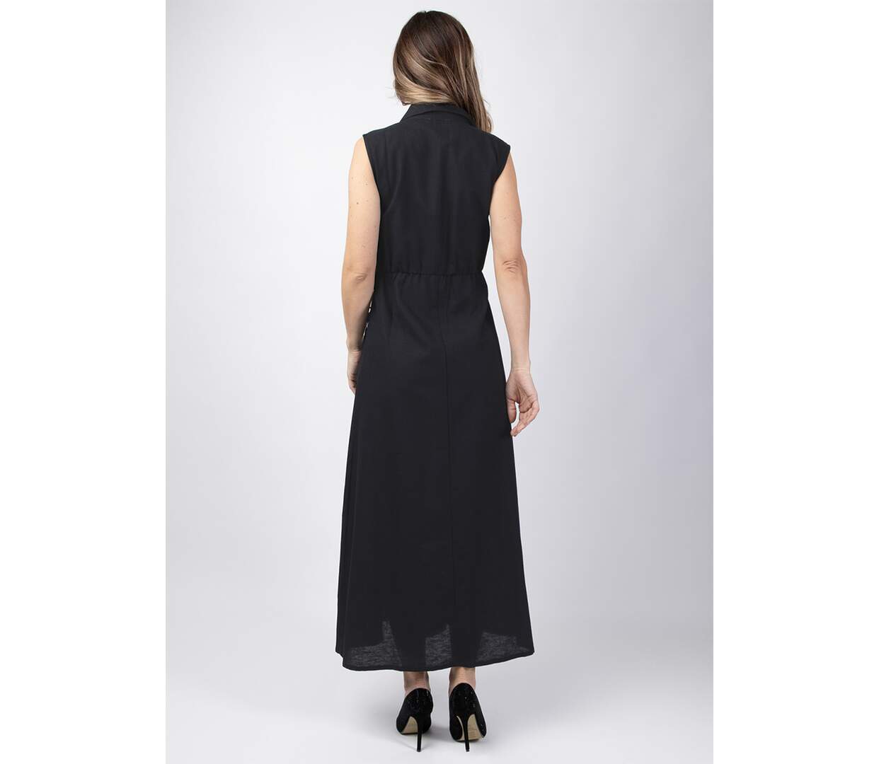 Robe longue féminine col tailleur PAULINE unie noire Coton Du Monde-4