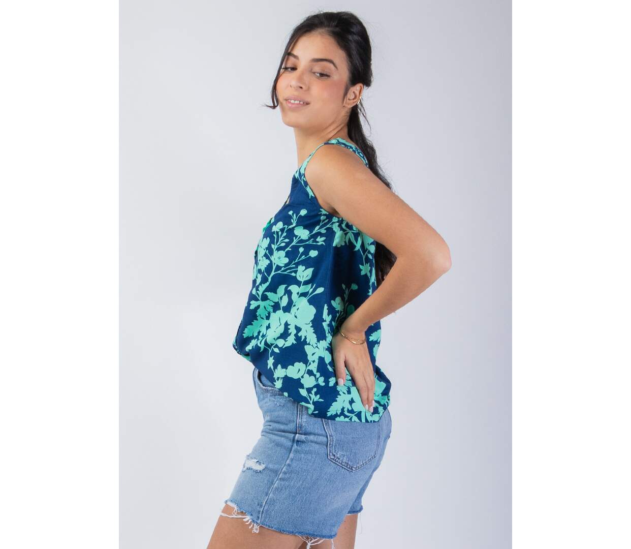 Top femme sans manches IVANOE imprimé fleuri turquoise Coton Du Monde-2